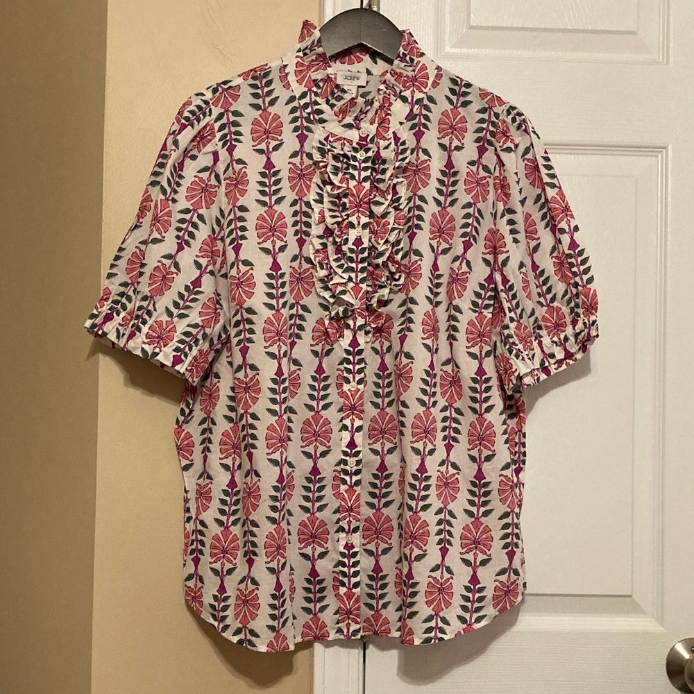 JCrew Factory printed ruffle placket blouse